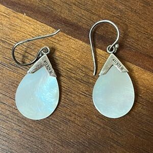 Sterling Silver Filigree Drop Earrings Teardrop Mother of Pearl Butterfly Detail